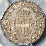 1889-R PCGS MS 63 Italy 50 Centesimi Rare Umberto I Rome Silver Coin (26013104C)