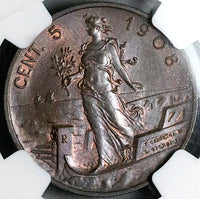 1908 NGC MS 64 Italy 5 Centesimi Woman Ship Rare Key Coin POP 2/1 (24112202C)