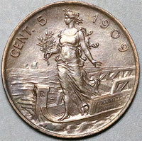 1909-R Italy 5 Centesimi  UNC Victor Emanuel III Bronze Coin (25082701S)