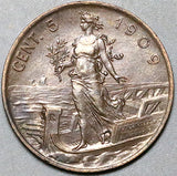 1909-R Italy 5 Centesimi  UNC Victor Emanuel III Bronze Coin (25082701S)