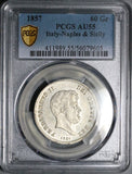 1857 PCGS AU 55 Naples Sicily 60 Grana Ferdinand II Italy Scarce Coin (26010403C)