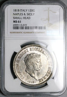 1818 NGC MS 61 Naples 120 Grana Small Head Ferdinand I Italy Silver Coin POP 1/4 (24092901D)