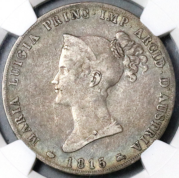 1815 NGC F 15 Parma 5 Lire Italy State Marie Louise Napoleon Wife Silver Crown Coin (24102203C)
