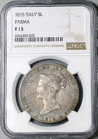 1815 NGC F 15 Parma 5 Lire Italy State Marie Louise Napoleon Wife Silver Crown Coin (24102203C)