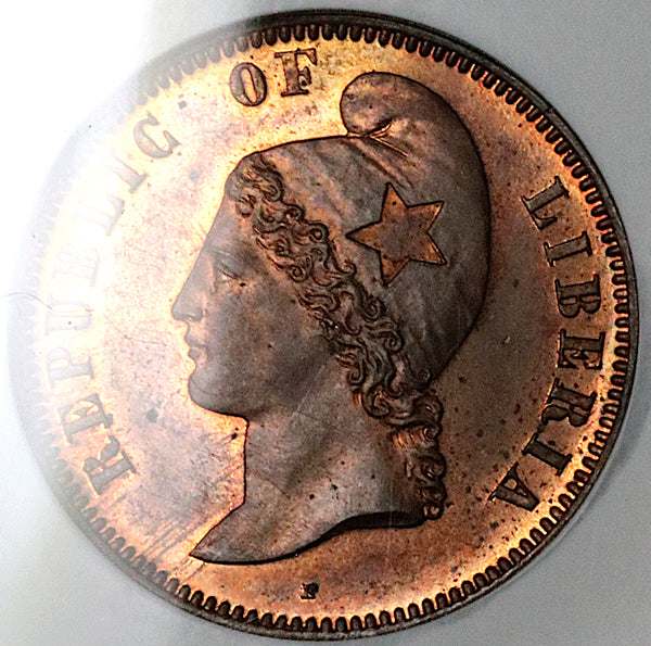 1868 NGC PF 63 RB Liberia 1 Cent Rare Proof Pattern PN15 Copper Coin (25050901C)