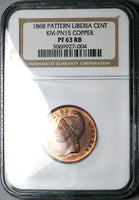 1868 NGC PF 63 RB Liberia 1 Cent Rare Proof Pattern PN15 Copper Coin (25050901C)