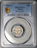 1864-G PCGS F 12 Mexico 10 Centavos Maximilian Rare Guanajuato Silver Coin (26062701C)