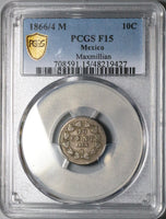 1866/4-M PCGS F 15 Mexico 10 Centavos Imperio Maximilian Overdate Silver Coin (24102703D)