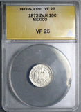 1872-Zs ANACS VF 25 Mexico 10 Centavos Zacatecas Rare 10k Silver Coin (26093001C)