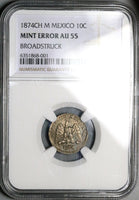 1874-CH NGC AU 55 Mexico 10 Centavos Chihuahua Mint Error Broadstruck Silver Coin (23102502C)