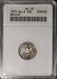 1875-Go ANACS VG 10 Mexico 10 Centavos Guanajuato Rare Key Date Silver Coin (26100604C)
