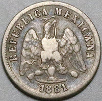 1881-Ho Mexico 10 Centavos Hermosillo Mint VF 28k Silver Coin (24081903R)