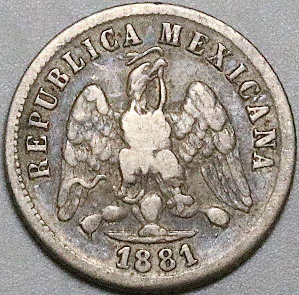 1881-Ho Mexico 10 Centavos Hermosillo Mint VF 28k Silver Coin (24081903R)