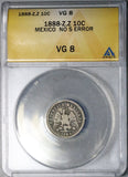 1888-Zs ANACS VG 8 Mexico 10 Centavos Zacatecas No S Mint Mark Error Silver Coin (26093003C)