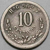 1892-Ho Mexico 10 Centavos AVF Hermosillo Mint 67k Silver Coin (24081905R)