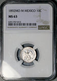 1892-Mo NGC MS 63 Mexico 10 Centavos Proof Like Lustrous Silver Coin  (26062201C)