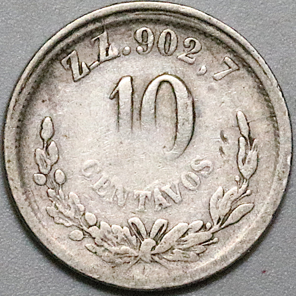 1896-Z Mexico 10 Centavos Zacatecas Mint Error Missing S Silver Coin (24081802R)