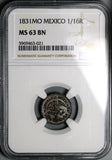 1831-Mo NGC MS 63 Mexico 1/16 Real Rare Mint State Federal Copper Coin POP 4/1 (21100602D)
