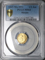 1843-Mo PCGS MS 63 Mexico Gold 1/2 Escudo Mint State Coin POP 2/1 (24050501C)