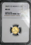 1867-C NGC MS 63 Mexico Gold 1/2 Escudo Culiacan Mint State Coin (24021703C)