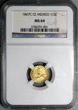 1867-C NGC MS 64 Mexico Gold 1/2 Escudo Culiacan Mint State Coin POP 7/0 (24011201D)