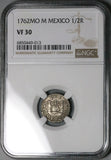 1762 NGC VF 30 Mexico 1/2 Real Charles III Spain Colony Pillars Coin (23092501D)