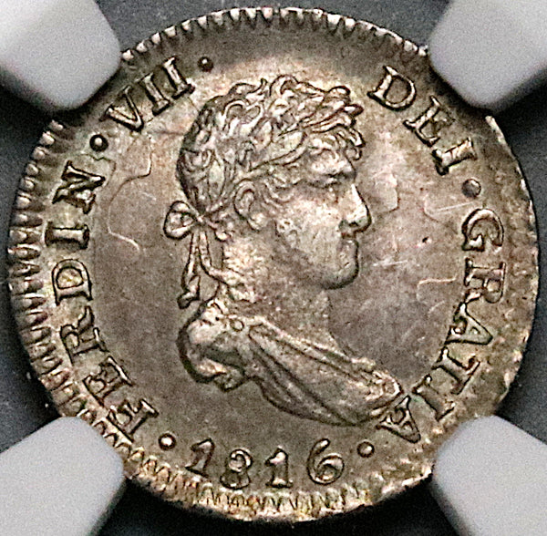 1816 NGC AU 58 Mexico 1/2 Real Ferdinand VII Colonial Spain Die Clash Mint Error Coin (24102401D)