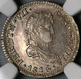1816 NGC AU 58 Mexico 1/2 Real Ferdinand VII Colonial Spain Die Clash Mint Error Coin (24102401D)