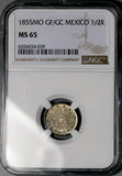 1855-Mo NGC MS 65 Mexico 1/2 Real Mint State Cap Rays Coin POP 4/3 (26042501C)