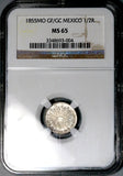 1855-Mo NGC MS 65 Mexico 1/2 Real Mint State Cap Rays Gem Silver Coin POP 4/3 (26032701C)