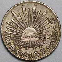 1855-Mo Mexico 1/2 Real XF Cap Rays Silver Coin (24073103R)