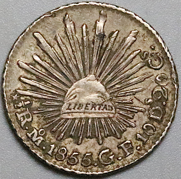 1855-Mo Mexico 1/2 Real XF Cap Rays Silver Coin (24073103R)