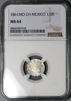 1861-Mo NGC MS 64 Mexico 1/2 Real Cap Rays Silver Coin (24092804C)