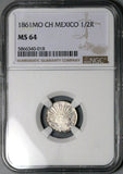 1861-Mo NGC MS 64 Mexico 1/2 Real Cap Rays Silver Coin (24092804C)