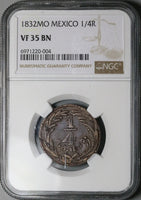 1832-Mo NGC VF 35 1/4 Real Mexico State Quart Quartilla Reales Copper Coin (25022301C)