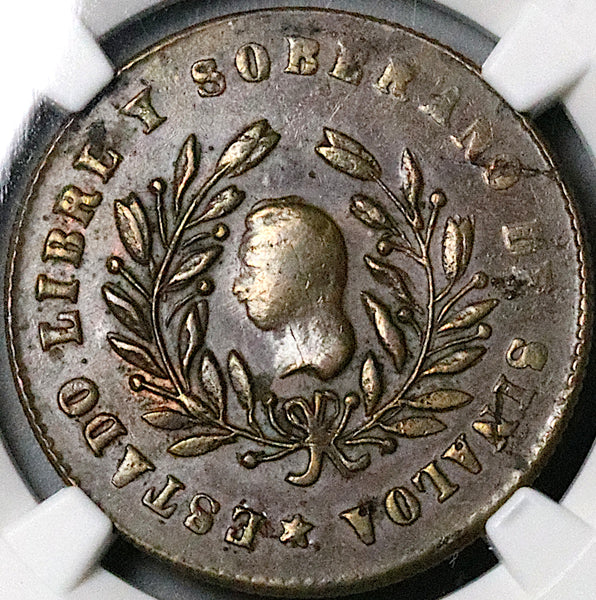 1859 NGC AU 55 Sinaloa Culiacan Mexico 1/4 Real Liberty Head Copper Coin (24030601C)
