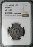 1872 NGC AU 58 Durango 1/4 Real Mexico State Quarto Quartilla Coin (25022303C)