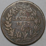 1877-Ga Mexico  1 Un Centavo Rare Guadalajara Mint VF Copper Coin (25081602R)