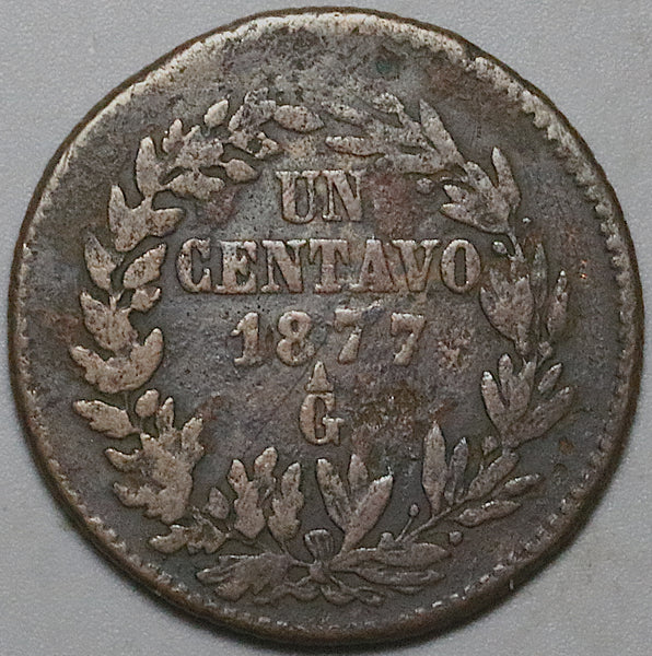 1877-Ga Mexico  1 Un Centavo Rare Guadalajara Mint VF Copper Coin (25081602R)
