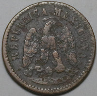 1877-Ga Mexico  1 Un Centavo Rare Guadalajara Mint VF Copper Coin (25081602R)