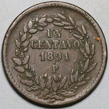 1891-Pi Mexico 1 Centavo VF Durango Rare Last Year Copper Coin (26061004R)