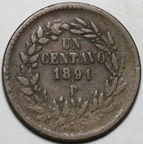 1891-Pi Mexico 1 Centavo VF Durango Rare Last Year Copper Coin (26061005R)