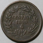 1890-Ga Mexico  1 Un Centavo Rare Guadalajara Mint VF Copper Coin (25082101R)