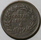 1890-Ga Mexico  1 Un Centavo Rare Guadalajara Mint VF Copper Coin (25082101R)