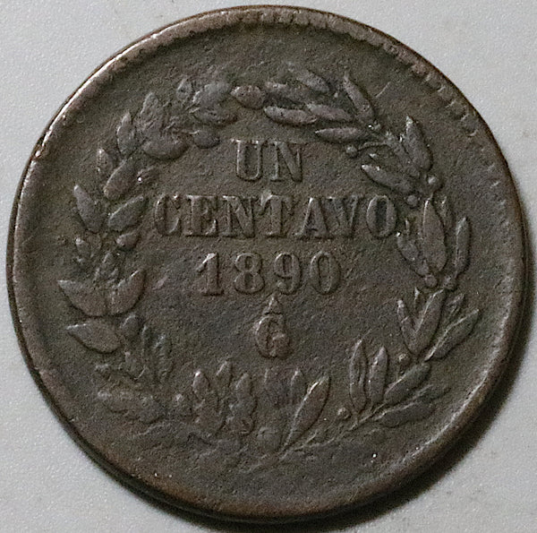 1890-Ga Mexico  1 Un Centavo Rare Guadalajara Mint VF Copper Coin (25082101R)