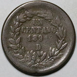 1891-Do Mexico 1 Centavo Fine Durango Rare Last Year Copper Coin (26061003R)