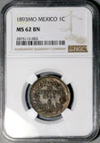 1893-Mo NGC MS 62 Mexico 1 Centavo Mint State Snake Eagle Copper Coin (26102203C)