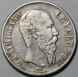 1867-Mo Mexico Maximilian Peso VF Imperial 2nd Empire Silver Coin (26081801R)