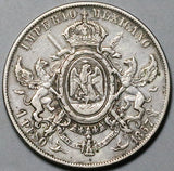 1867-Mo Mexico Maximilian Peso VF Imperial 2nd Empire Silver Coin (26081801R)