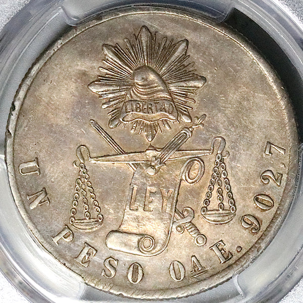 1871-Oa PCGS AU Mexico 1 Peso Oaxaca Mint Large A Silver Coin (25081603C)